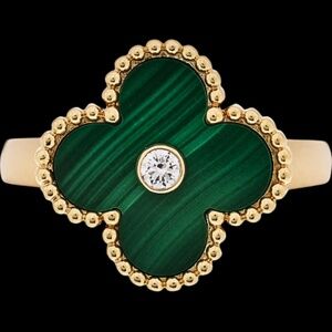 VAN CLEEF & ARPELS 18K YELLOW GOLD DIAMOND MALACHITE VINTAGE ALHAMBRA RING 52 6